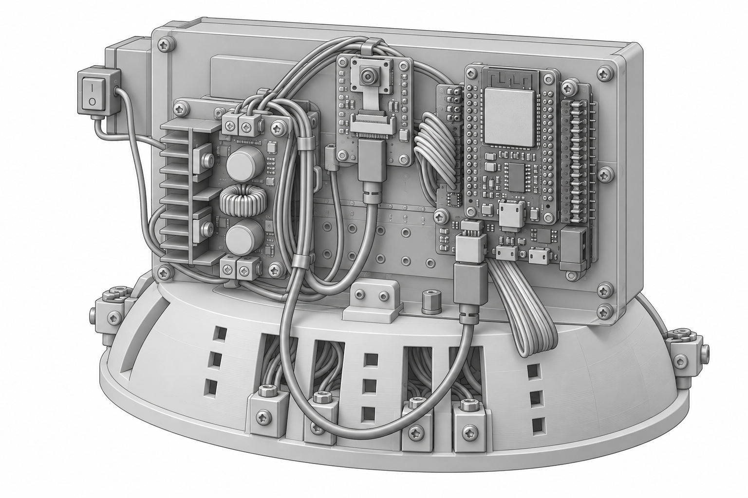 Three-dimensional model showing the electronics inside the prototype.
