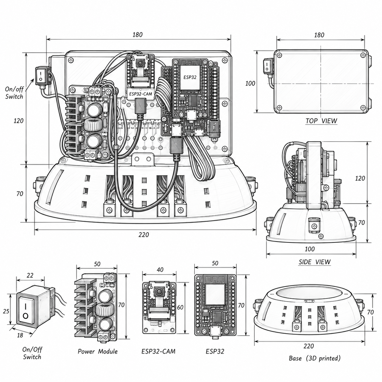 Technical drawings of the wearable device and its components.