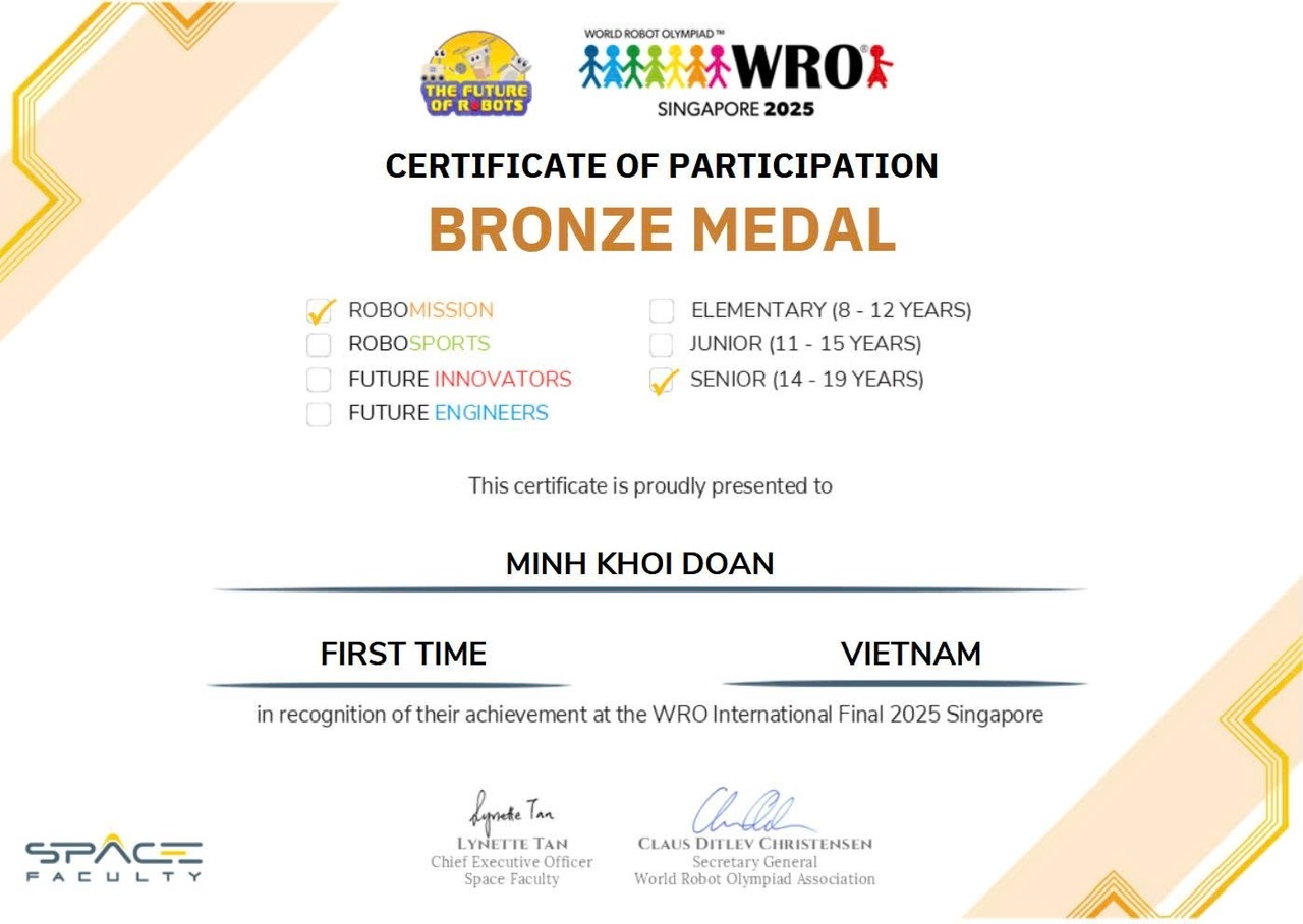 Certificate for Bronze · WRO International Final, 2025